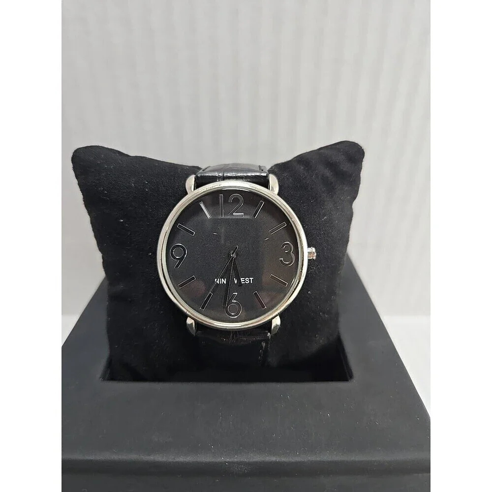 Womens Nine West Silver Tone Gray Watch Black Leather 40mm NW/1559 New Battery